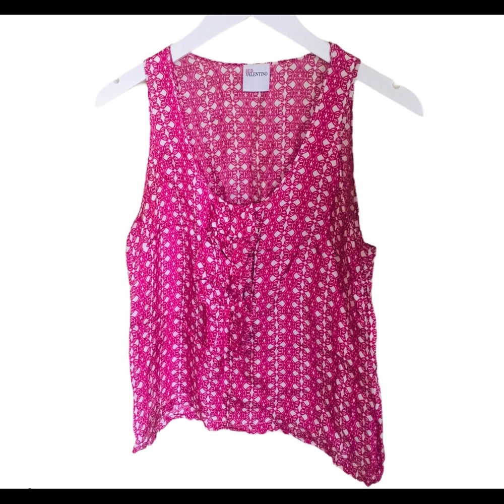 RED VALENTINO Raspberry Pink Geo Print Ruffle Front Tank Blouse Top 6 - Picture 5 of 12